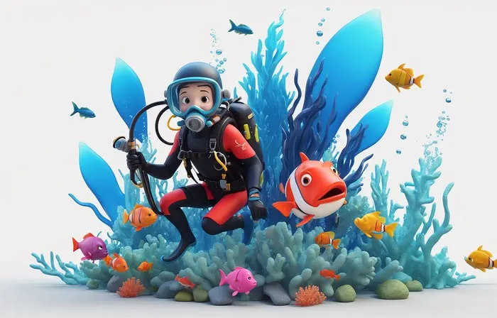 Female Diver Diving Under the Ocean 3D Cartoon Illustration